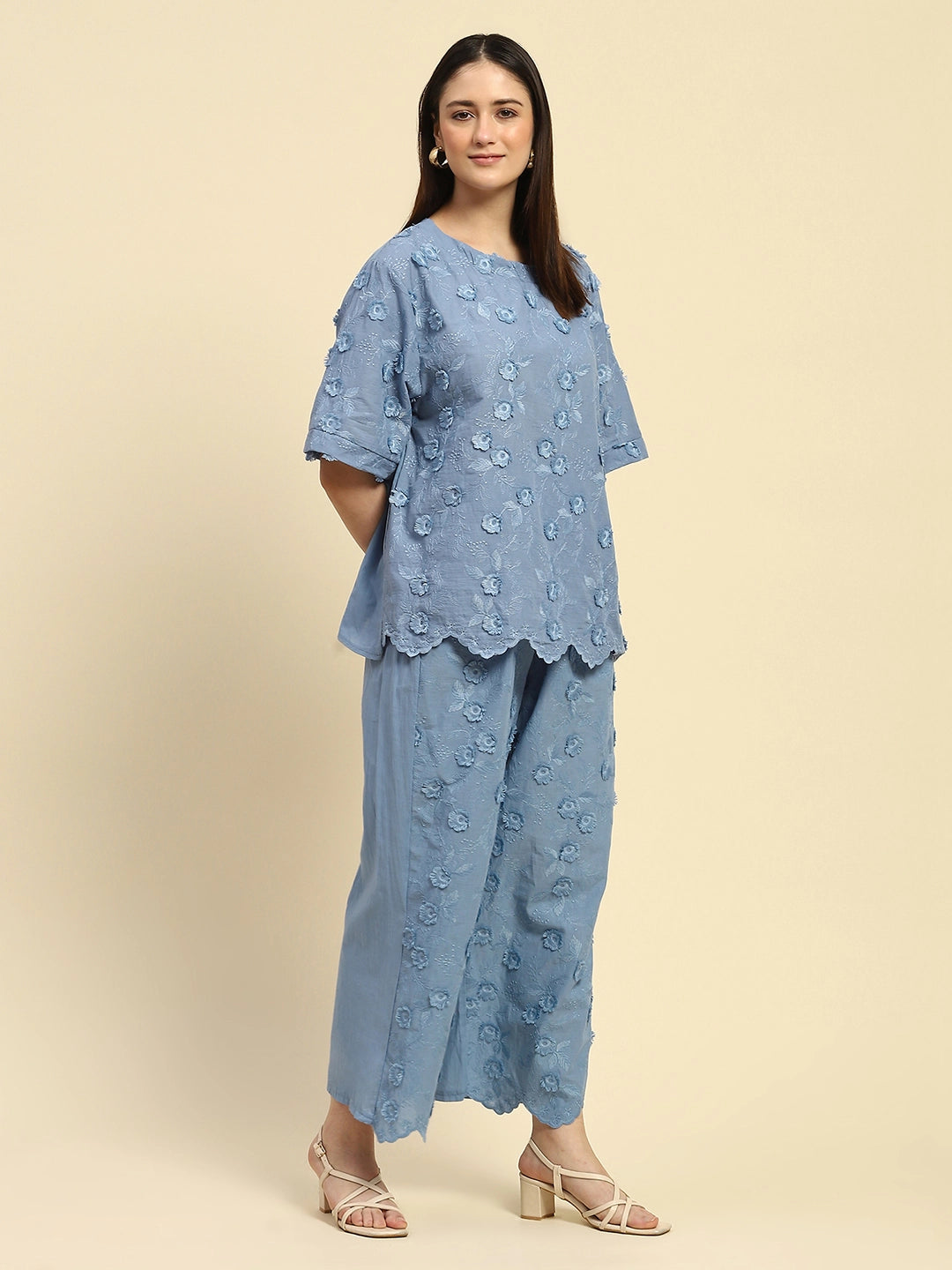 Blue Embroidered Cotton Nightsuit - Global Republic