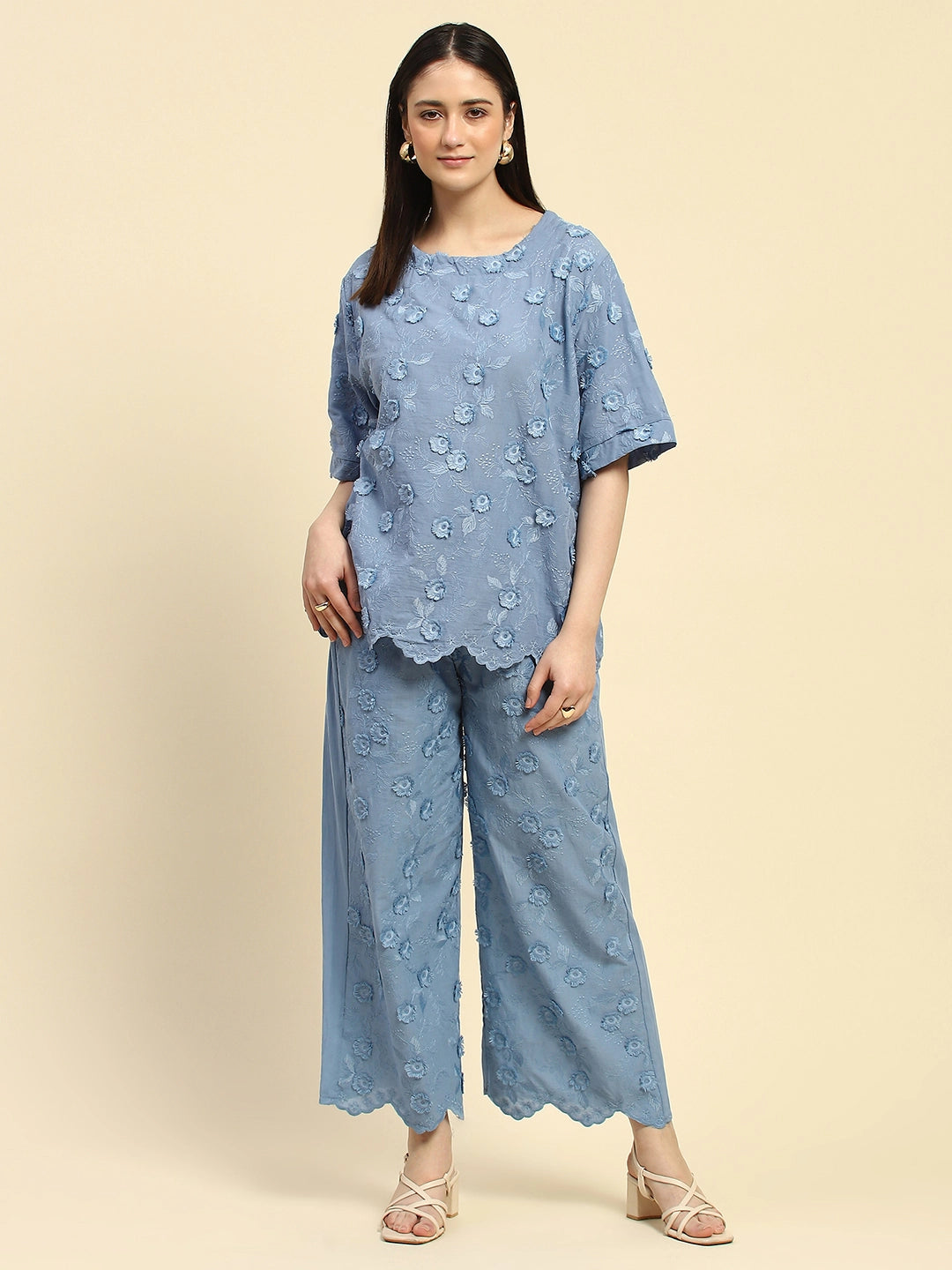 Blue Embroidered Cotton Nightsuit - Global Republic