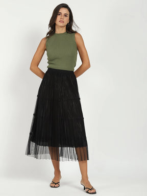 Black Pleated Net Skirt