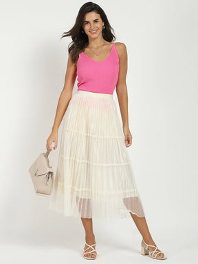Cream Pleated Net Skirt