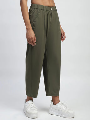 Dark Olive Solid Nylon Relaxed Fit Lower
