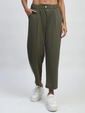Dark Olive Solid Nylon Relaxed Fit Lower