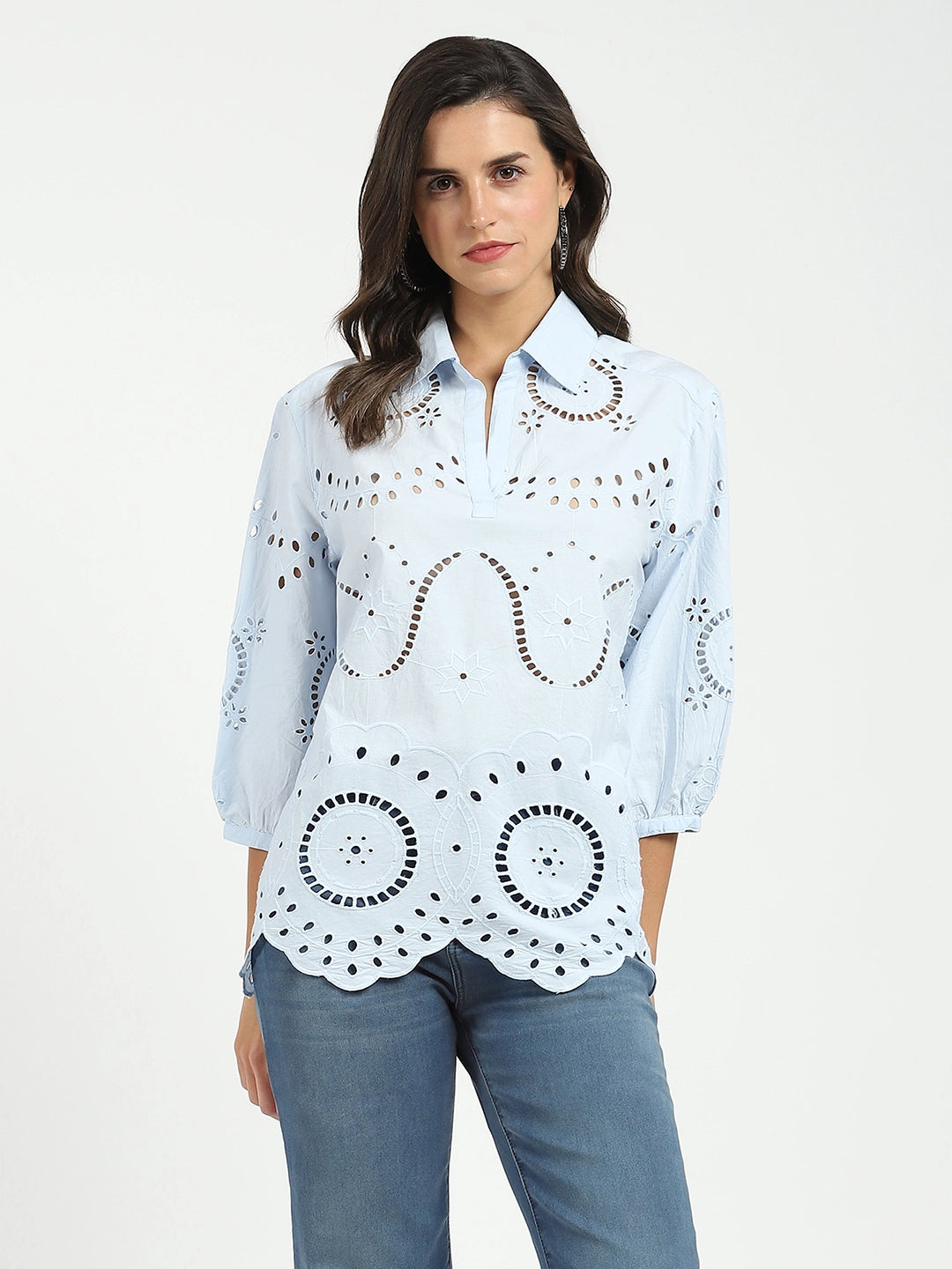 Blue Embroidered  Schiffli Top