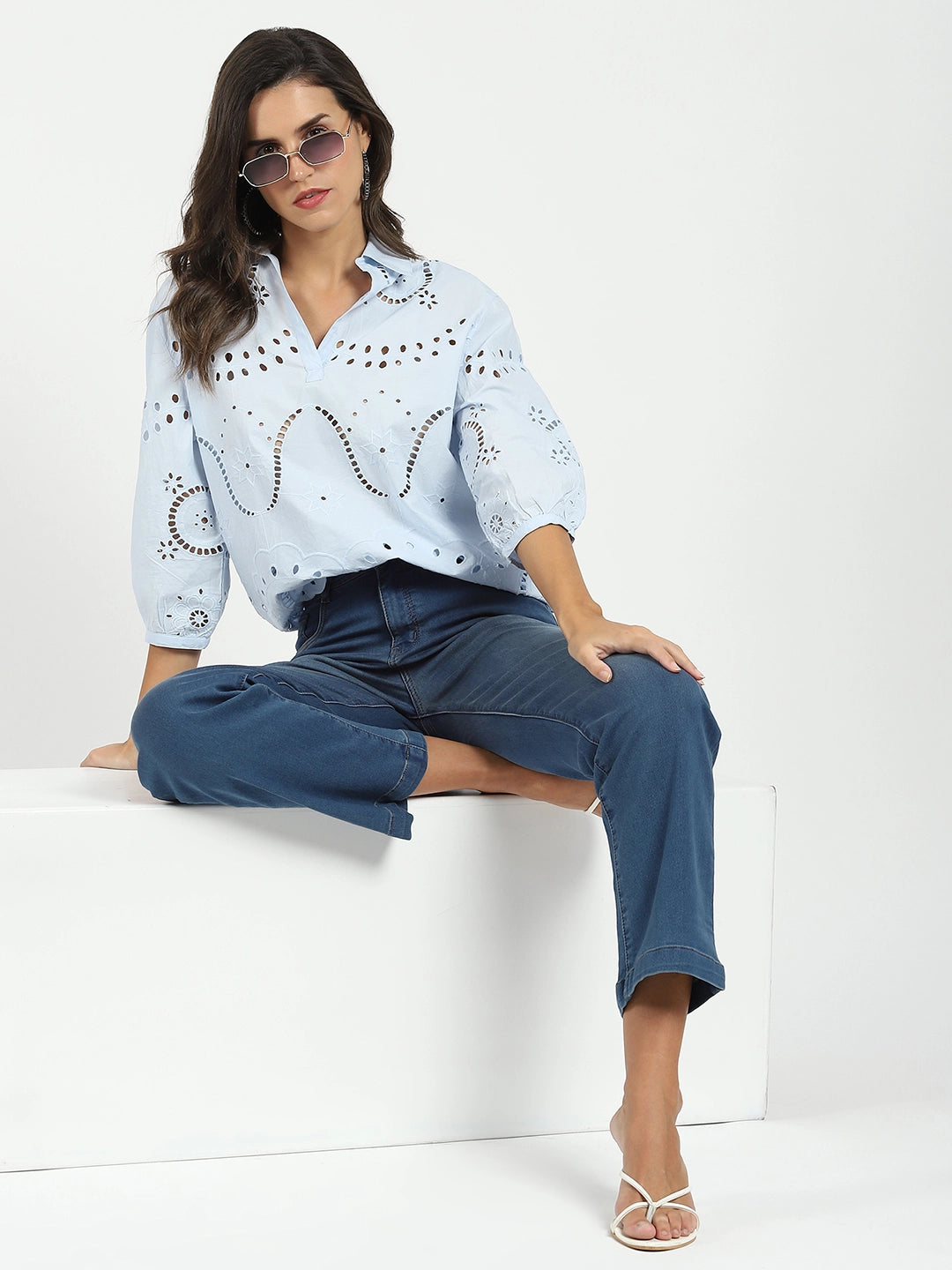 Blue Embroidered  Schiffli Top - Global Republic