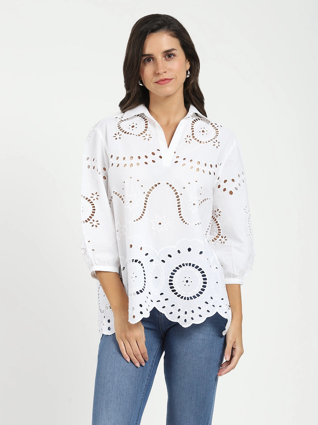 White Embroidered  Schiffli Top
