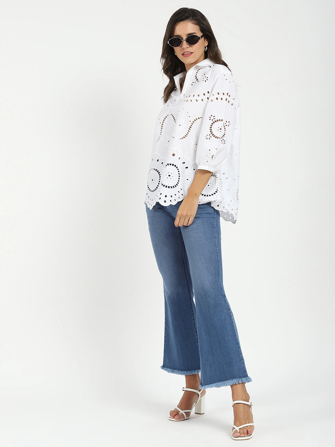 White Embroidered  Schiffli Cotton Top - Global Republic