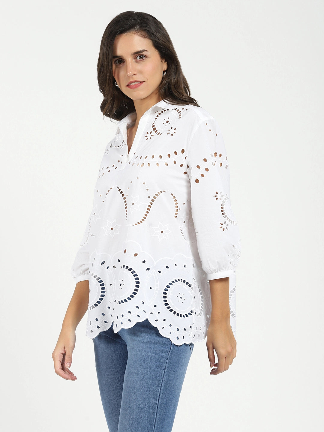 White Embroidered  Schiffli Cotton Top - Global Republic