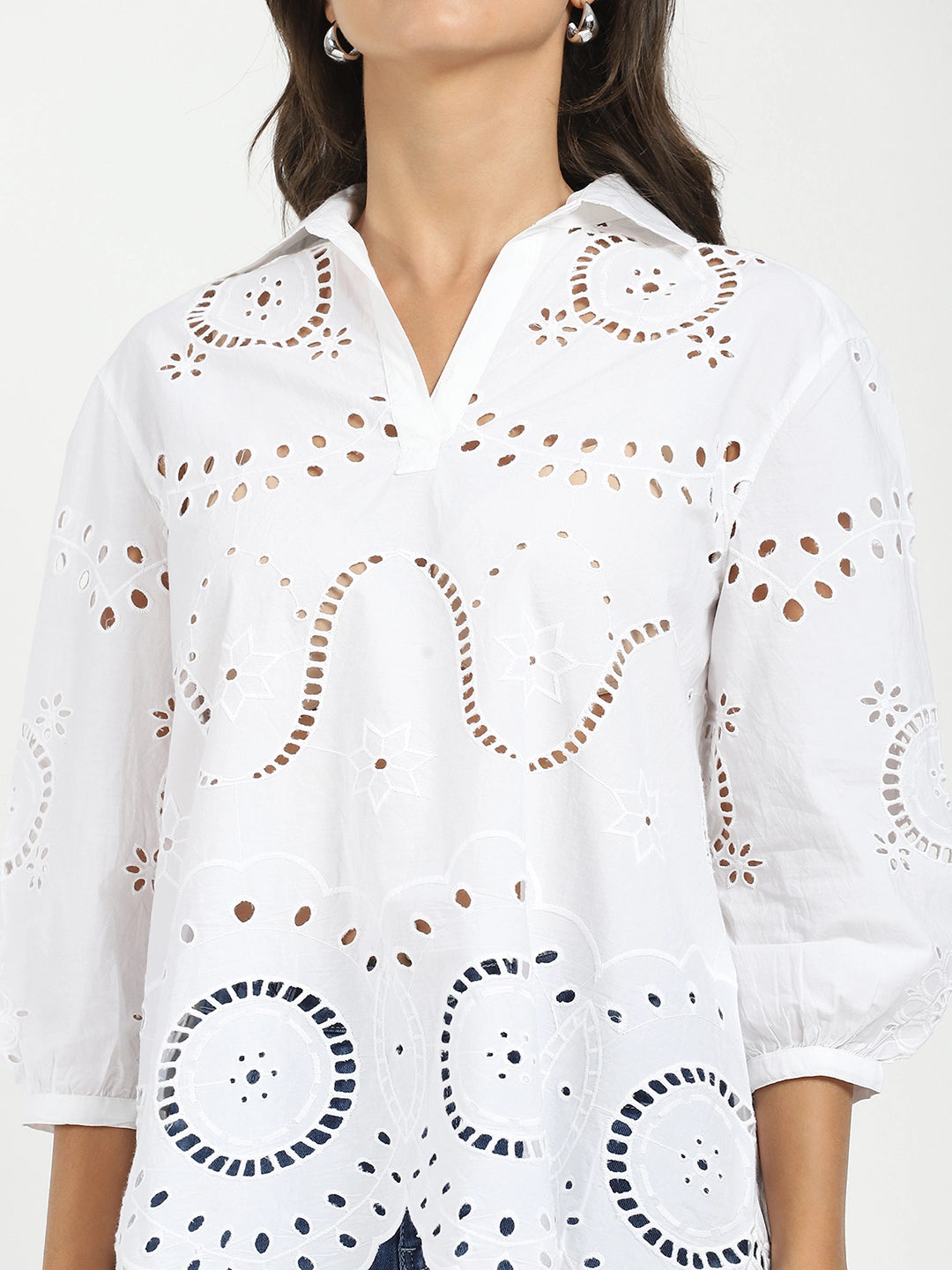 White Embroidered  Schiffli Cotton Top - Global Republic