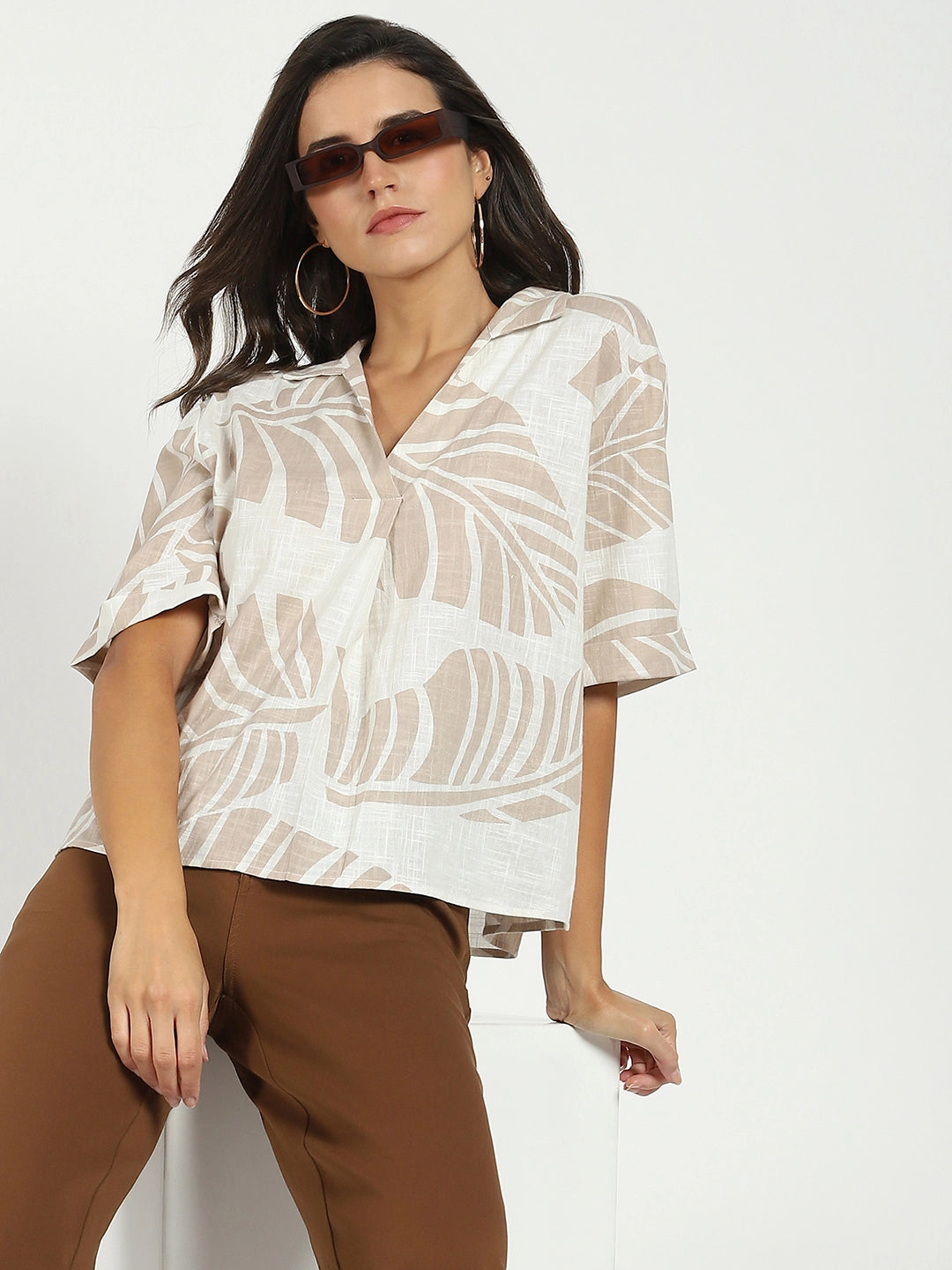 Beige Tropical Cotton Top