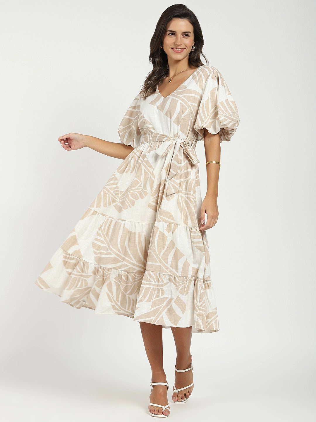 Beige Puff Sleeves Flared Dress