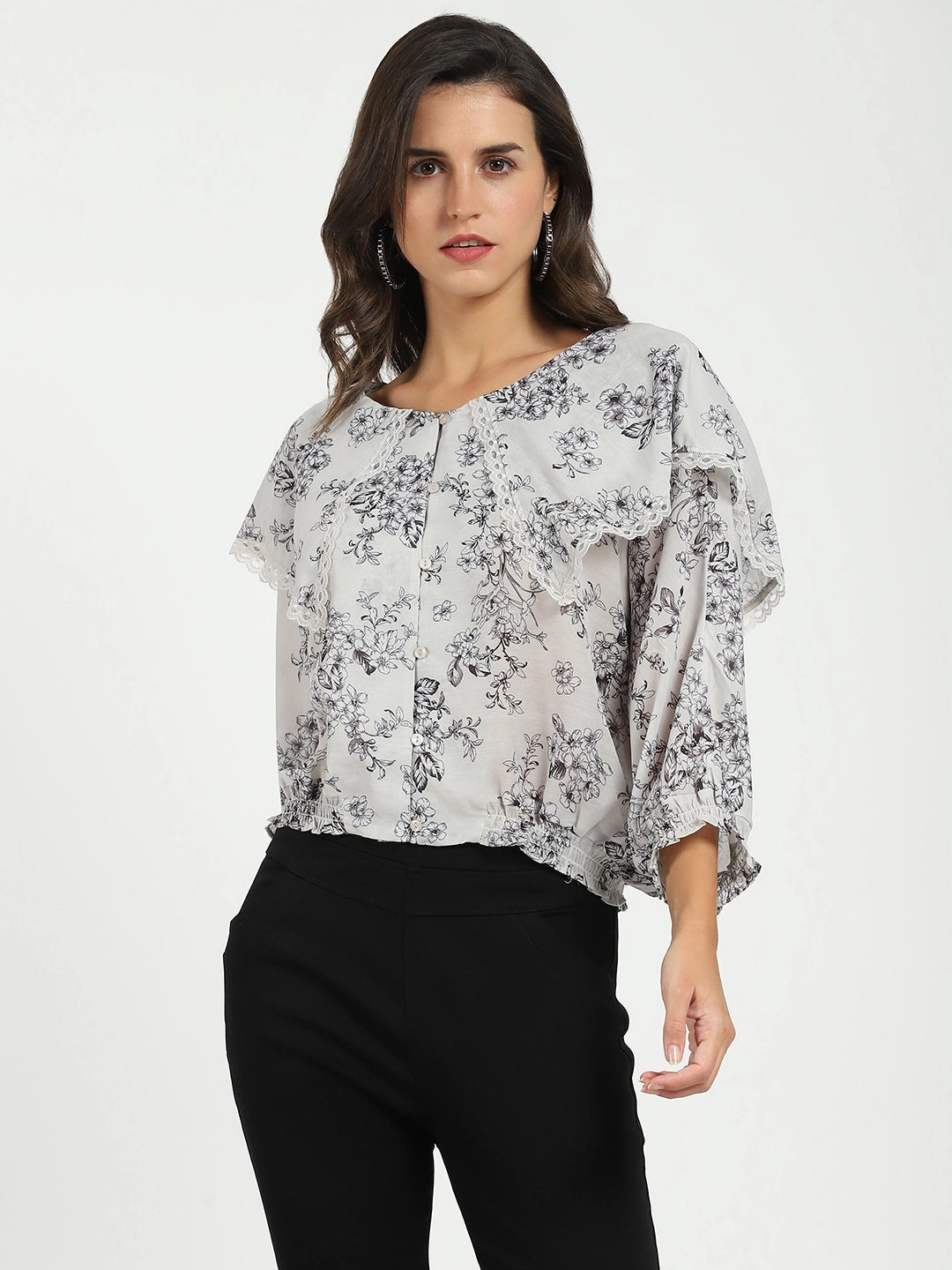 Cream Floral Polyester Top