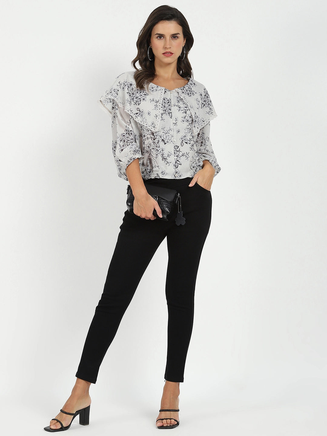 Cream Floral Polyester Top