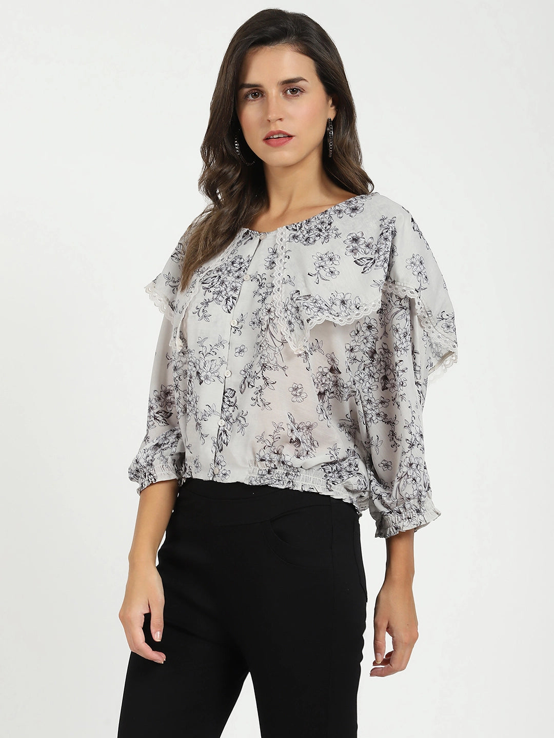 Cream Floral Polyester Top