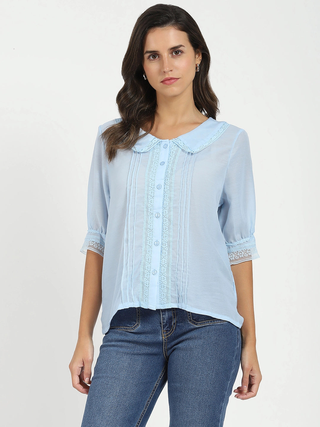 Blue Solid Polyester Top