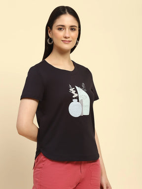 Navy Embroidered Cotton Top