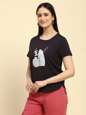 Navy Embroidered Cotton Top