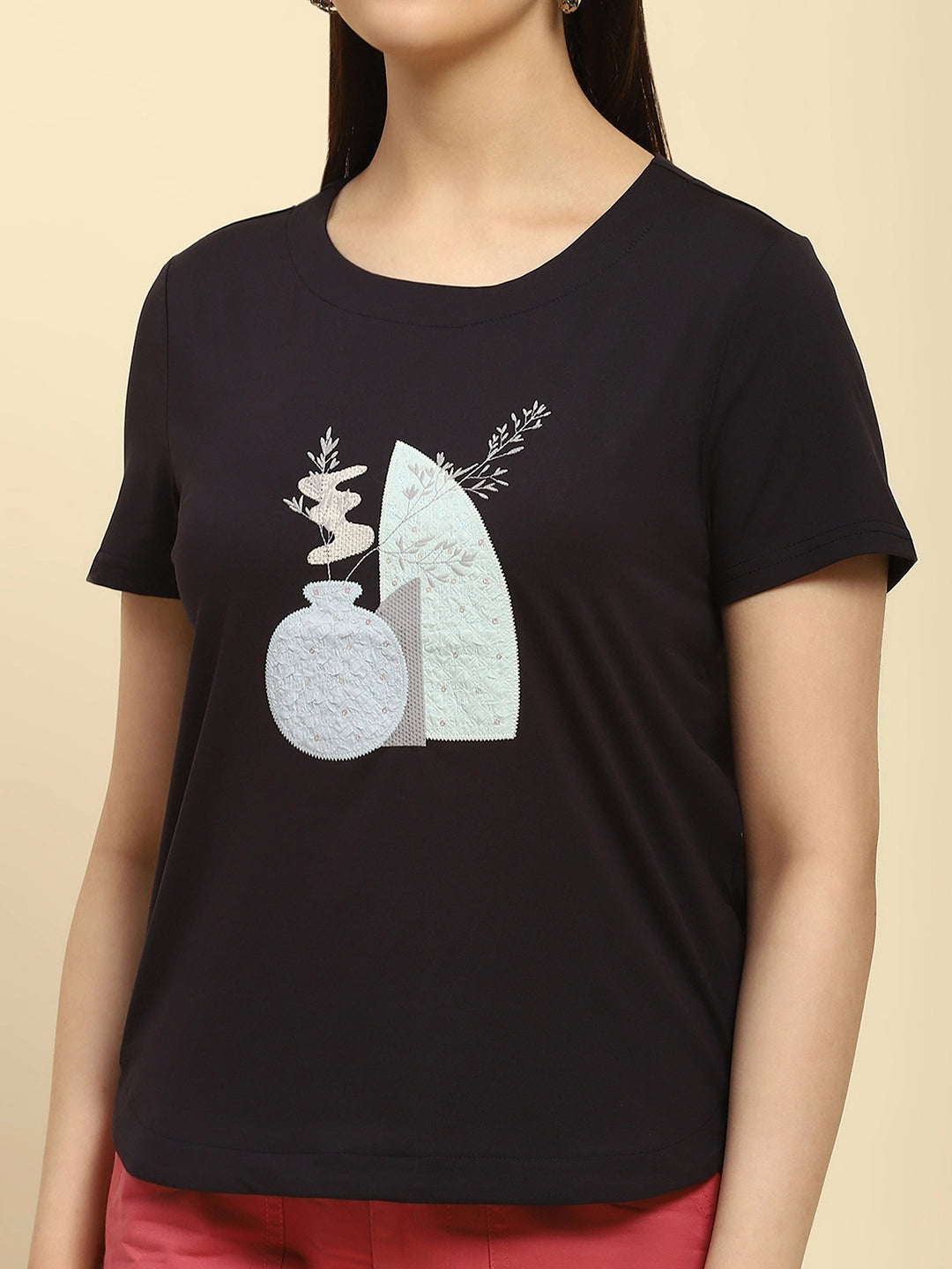 Navy Embroidered Cotton Top