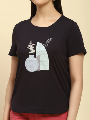 Navy Embroidered Cotton Top