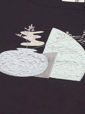 Navy Embroidered Cotton Top
