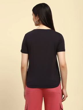 Navy Embroidered Cotton Top