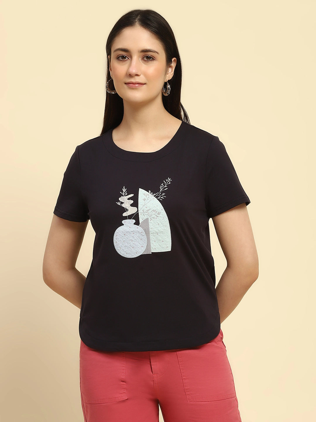 Navy Embroidered Cotton Top