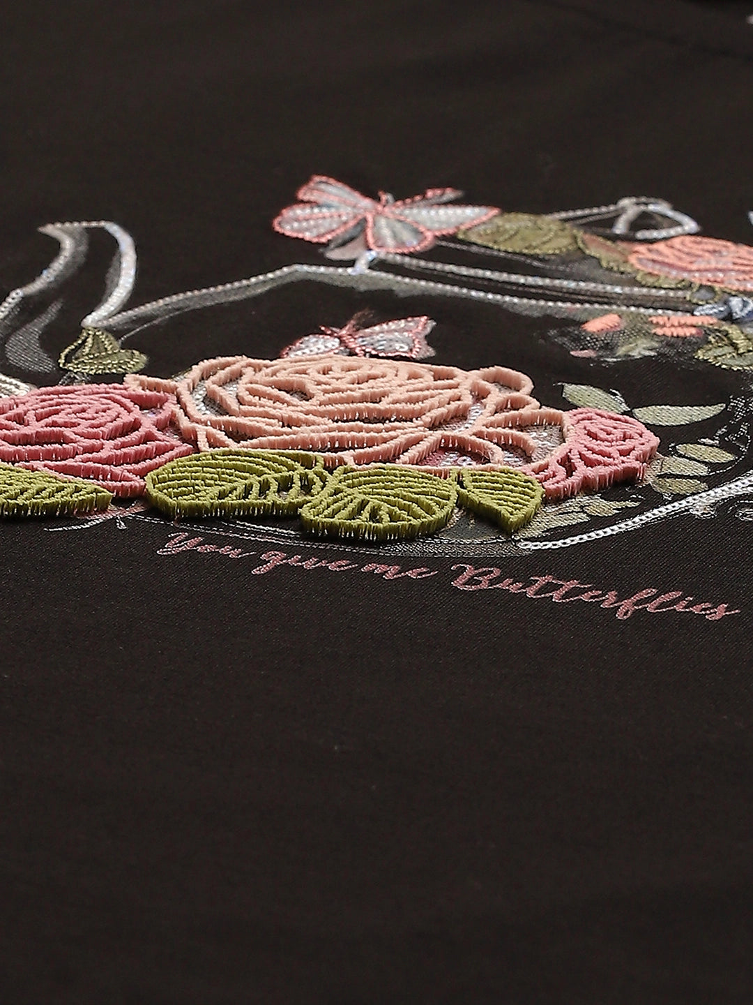 Black 3D Embroidered Modal Top - Global Republic
