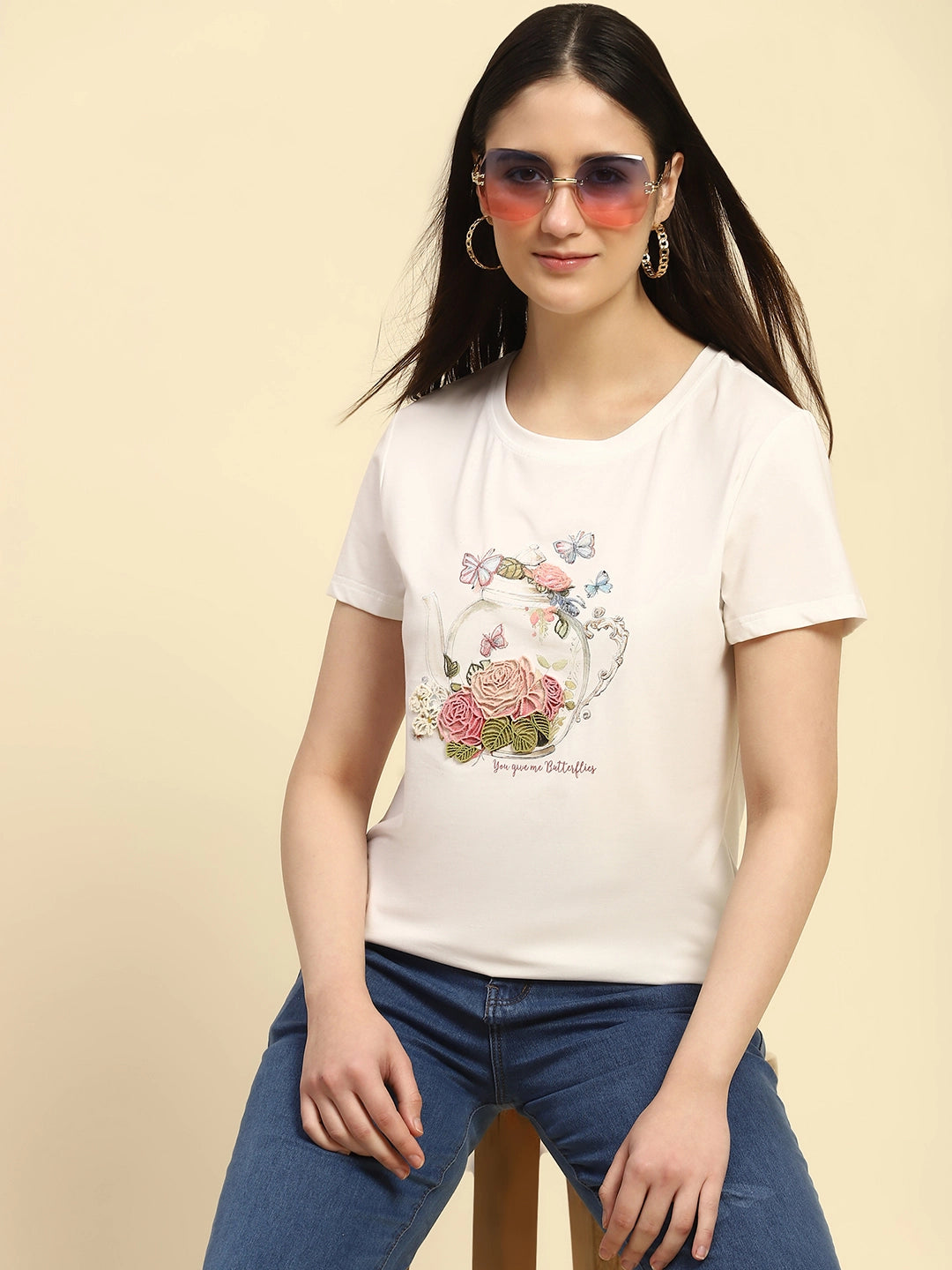 White 3D Embroidered Modal Top