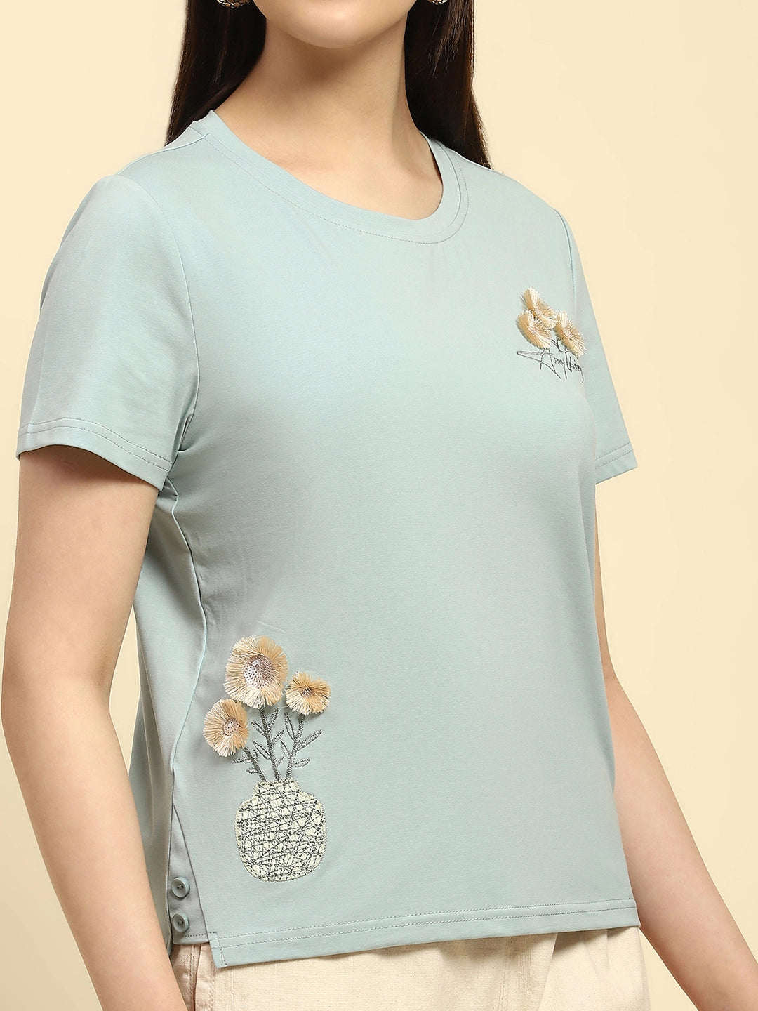 Dusty Blue Embroidered Cotton Top - Global Republic