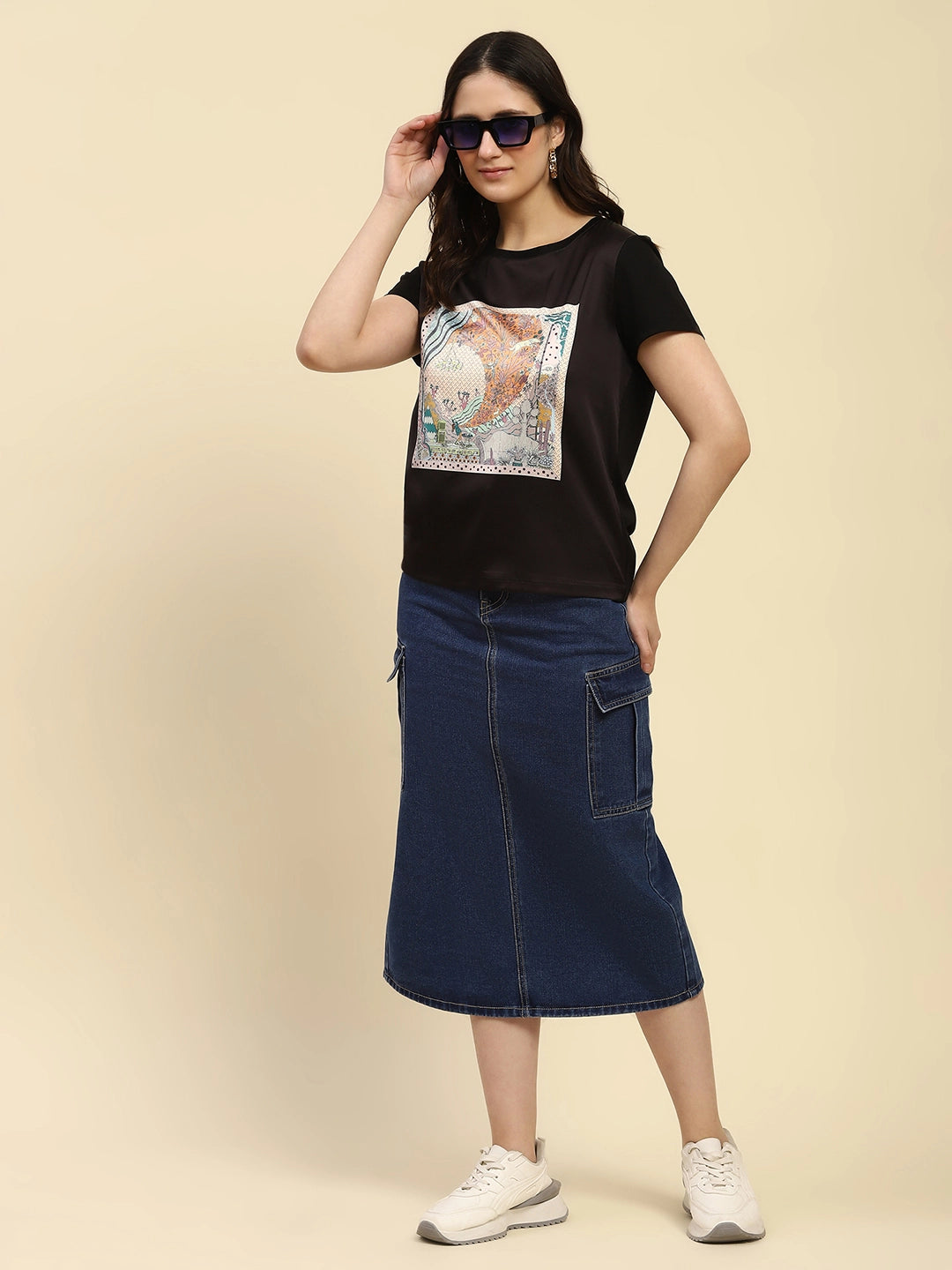 Black Graphic Print Modal Top