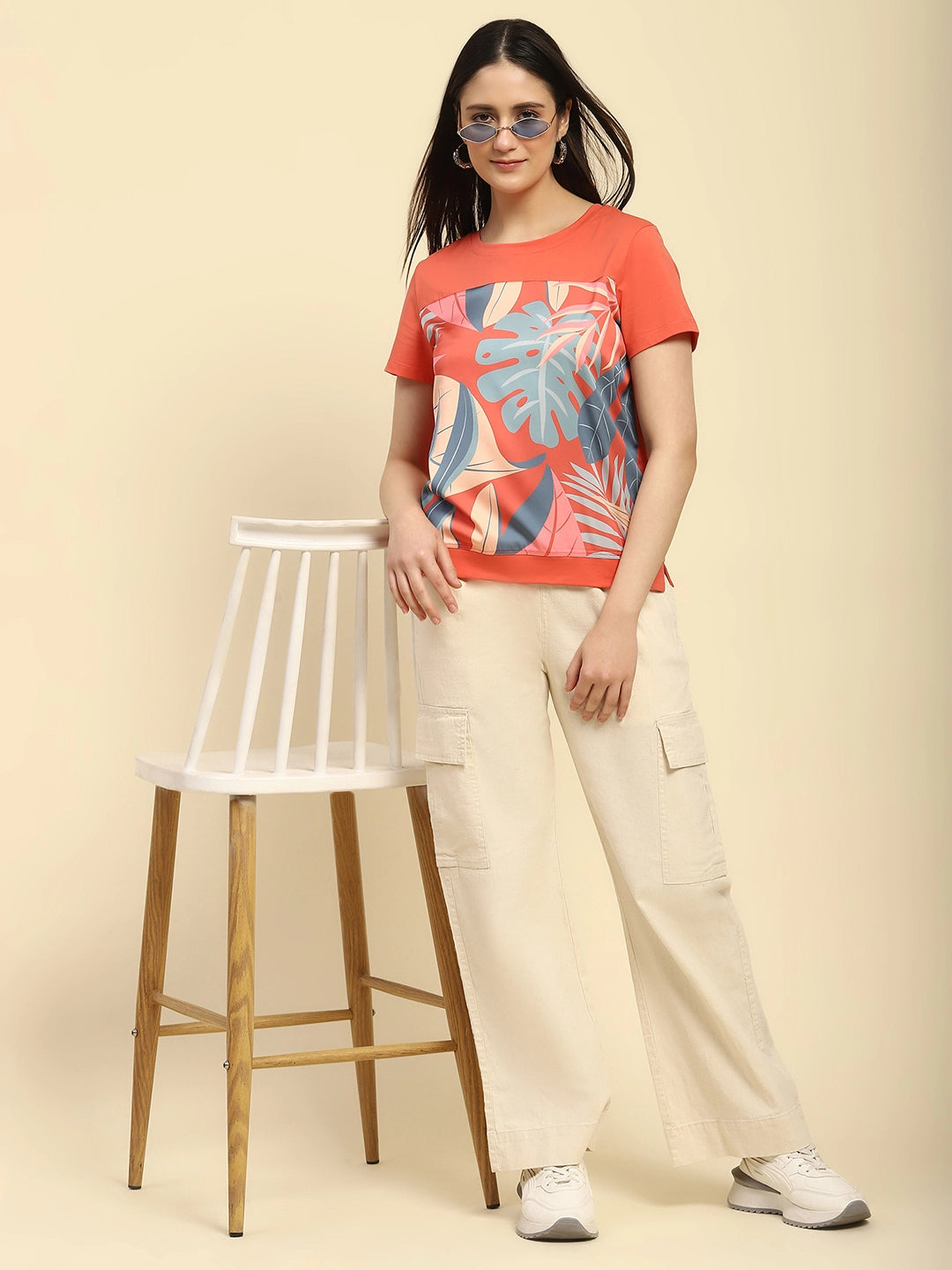 Orange Graphic Cotton Blend Top