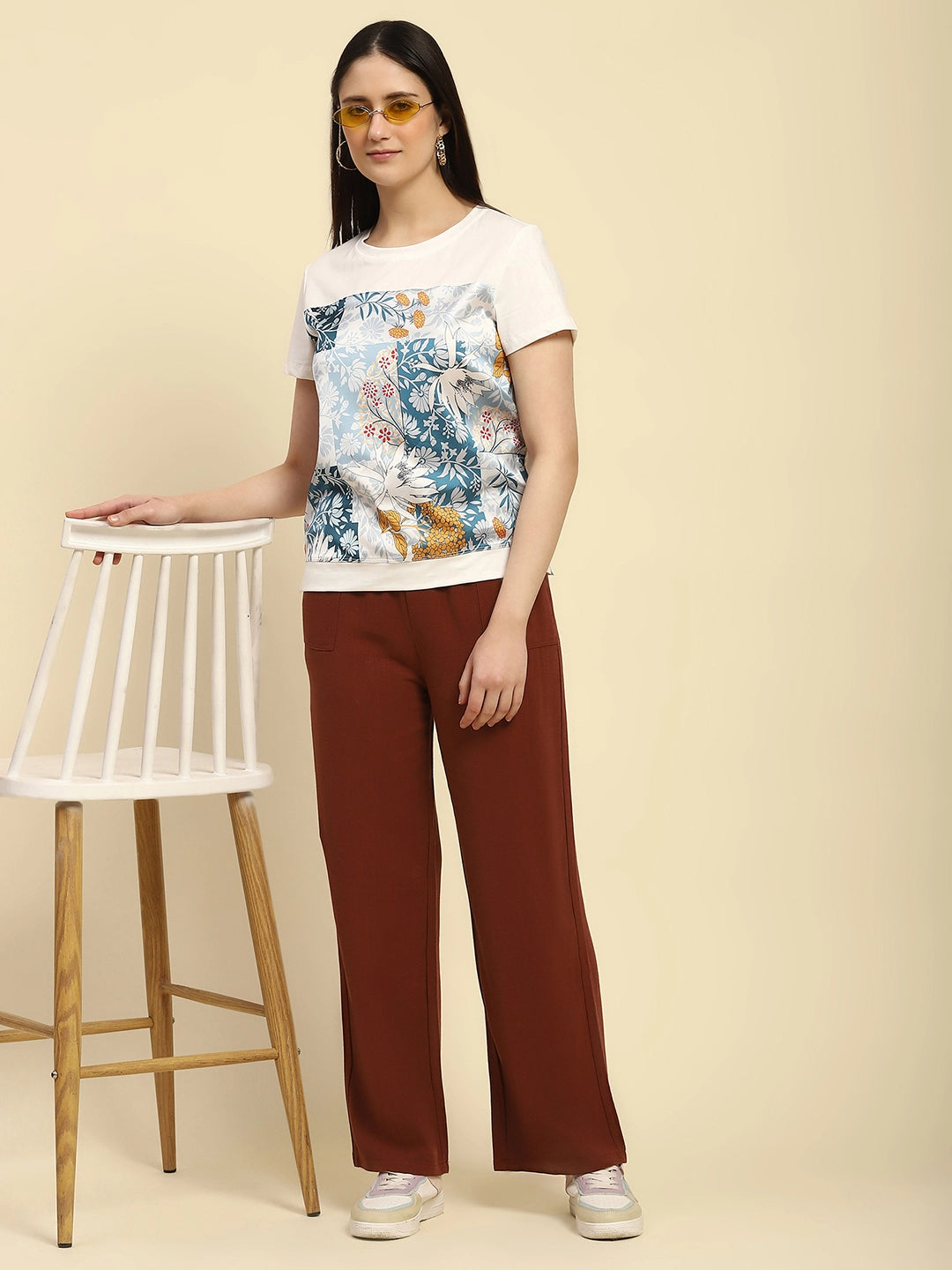 White Graphic Print Cotton Top
