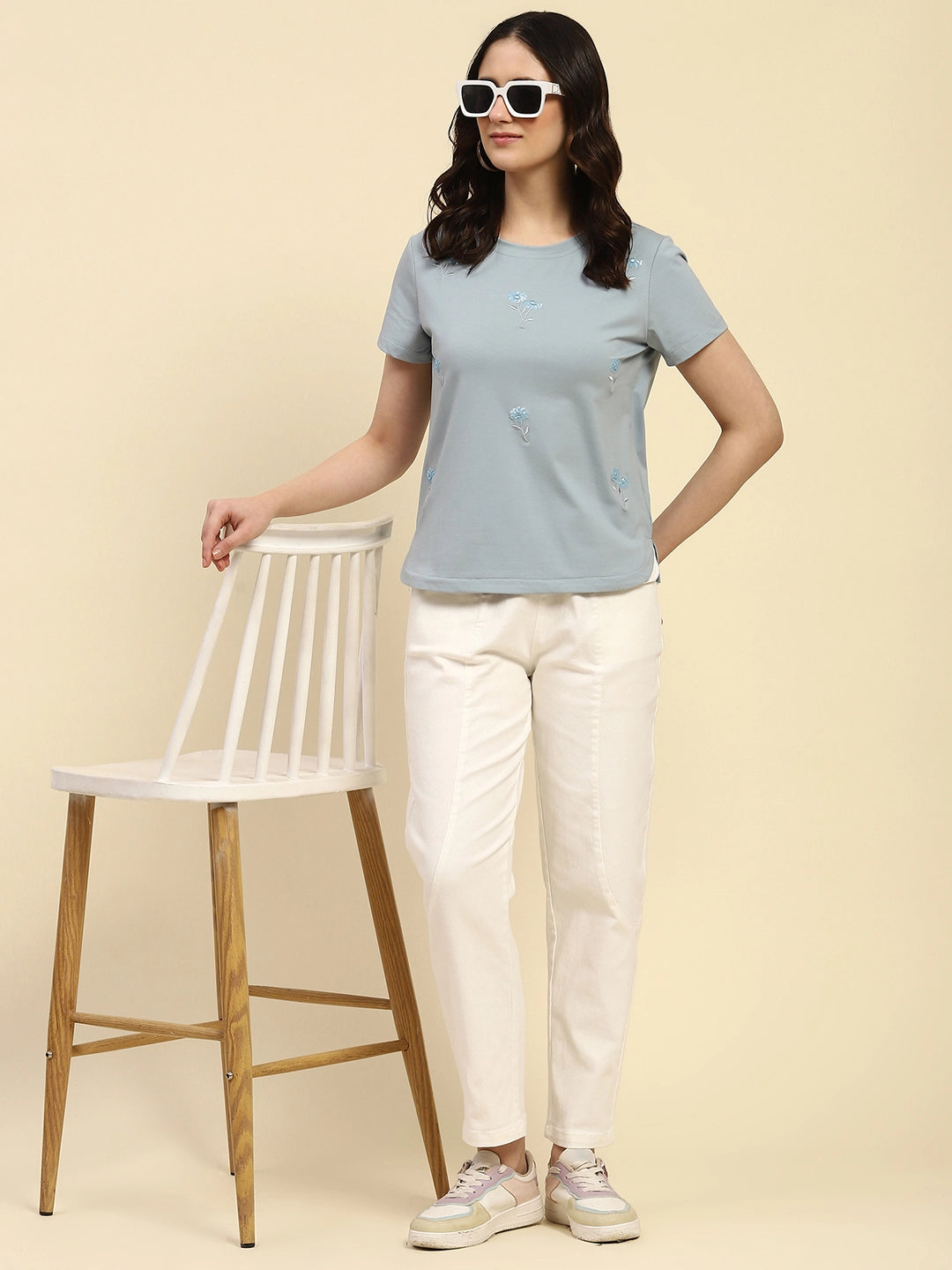 Dusty Blue Embroidered Cotton Top