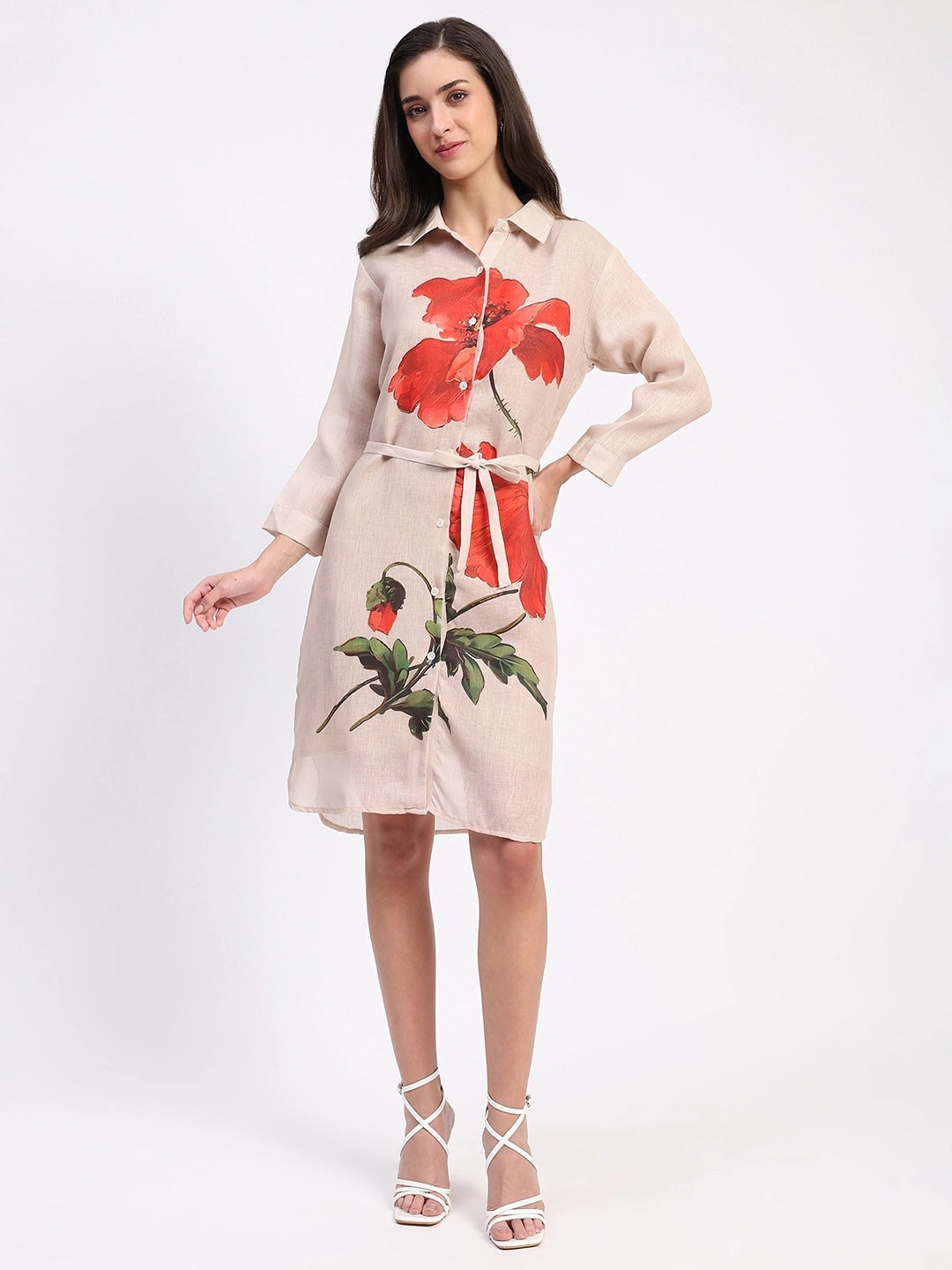 Beige Floral  Linen Dress - Global Republic
