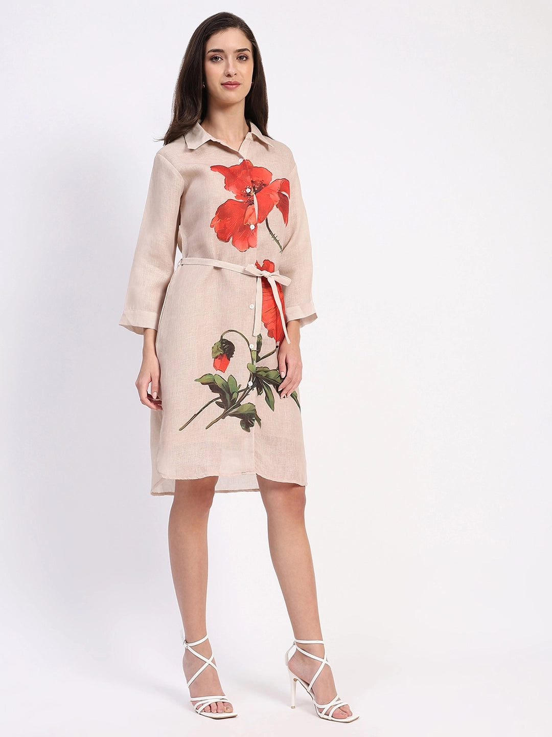 Beige Floral  Linen Dress - Global Republic