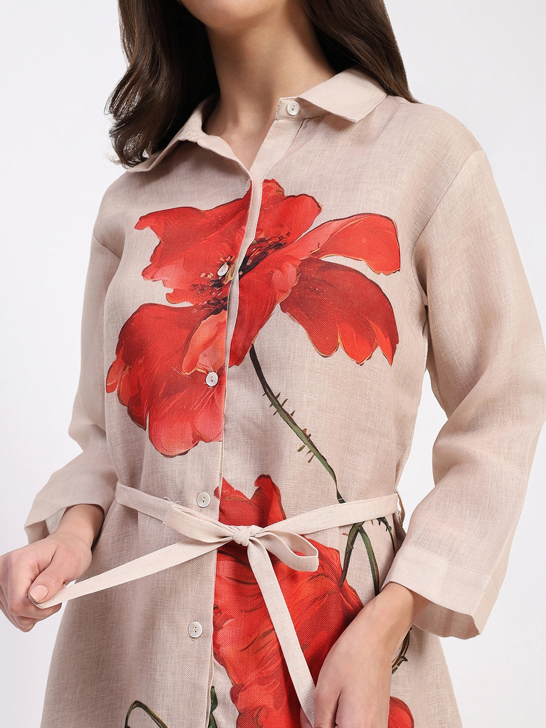 Beige Floral  Linen Dress - Global Republic