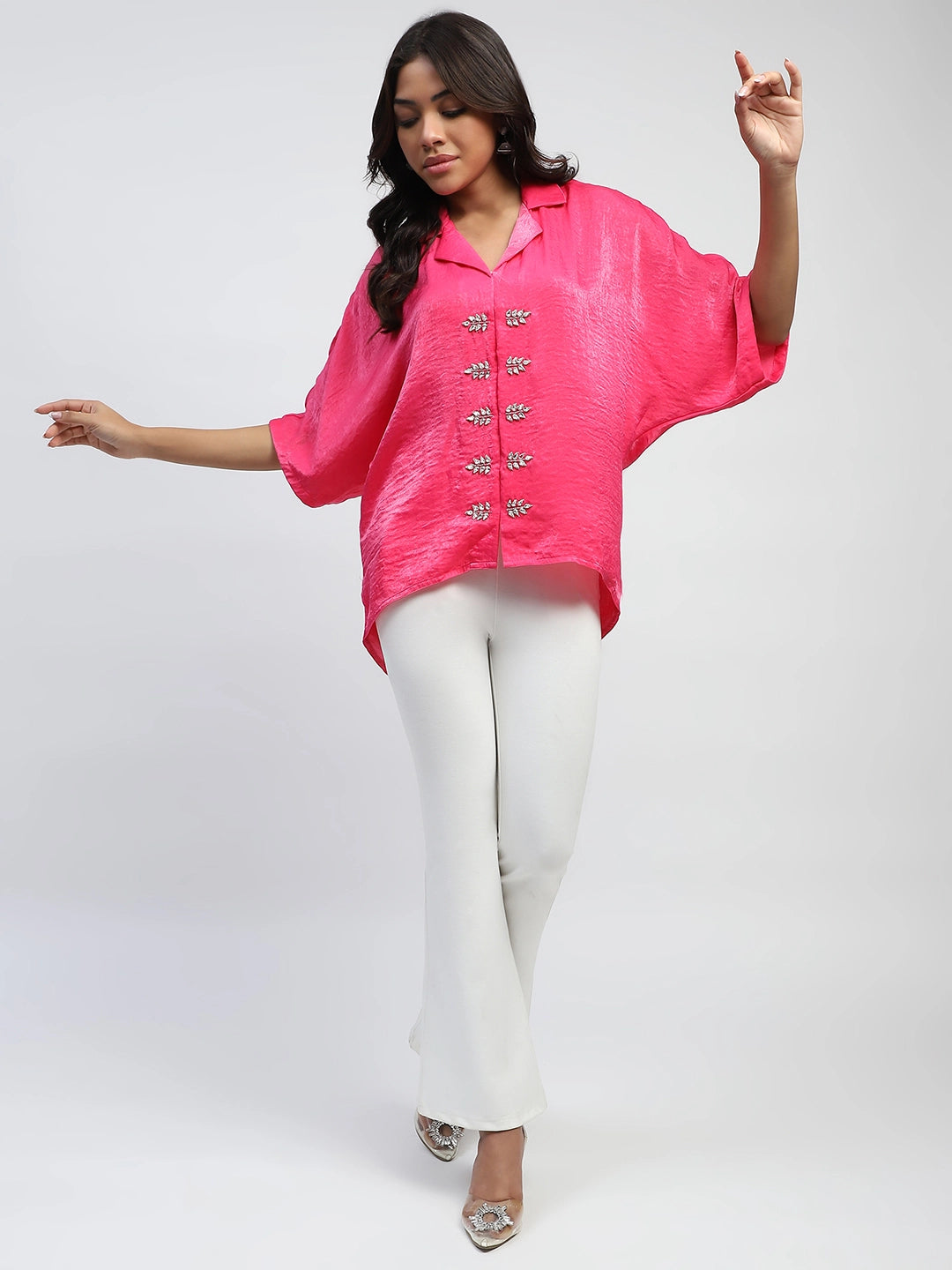 Pink Stone Embellished Satin Oversized Top