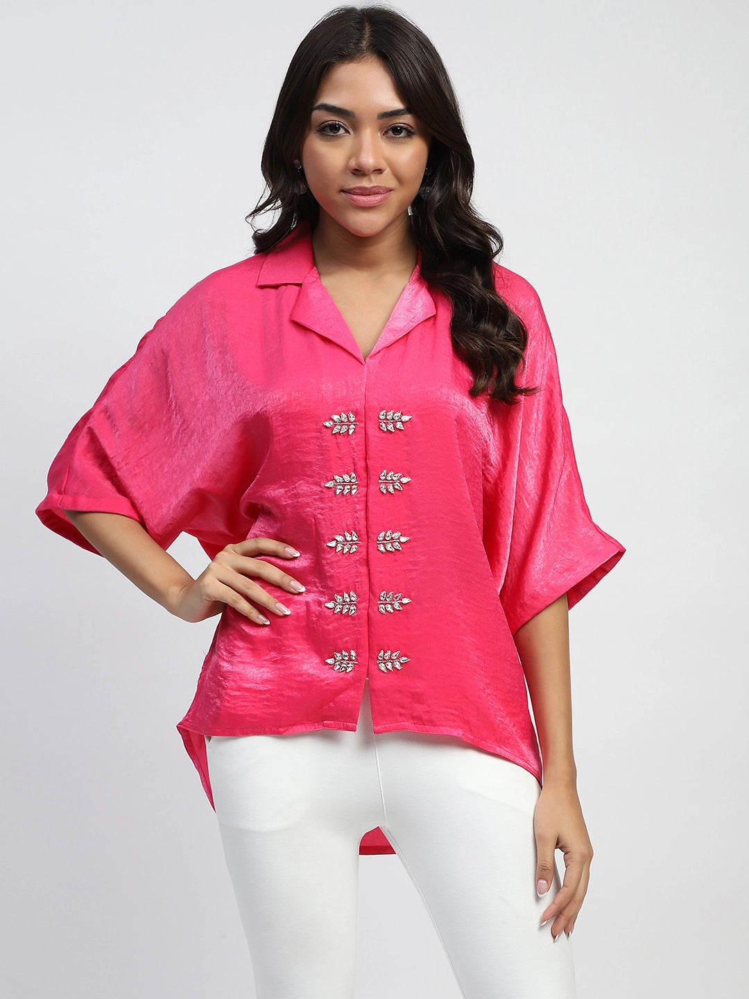Pink Stone Embellished Satin Oversized Top