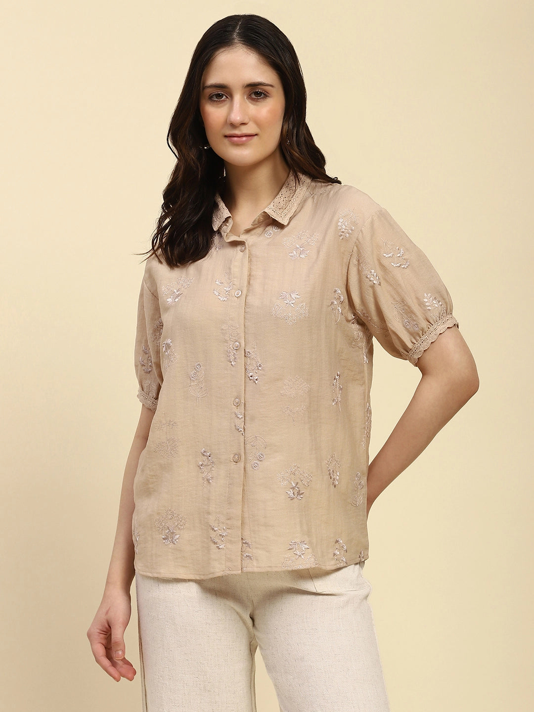 Beige Embroidered  Shirt - Global Republic