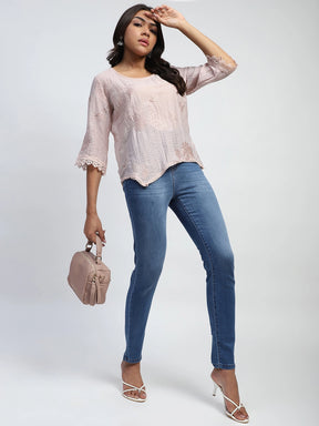 Pink Embroidered Poly Linen Top