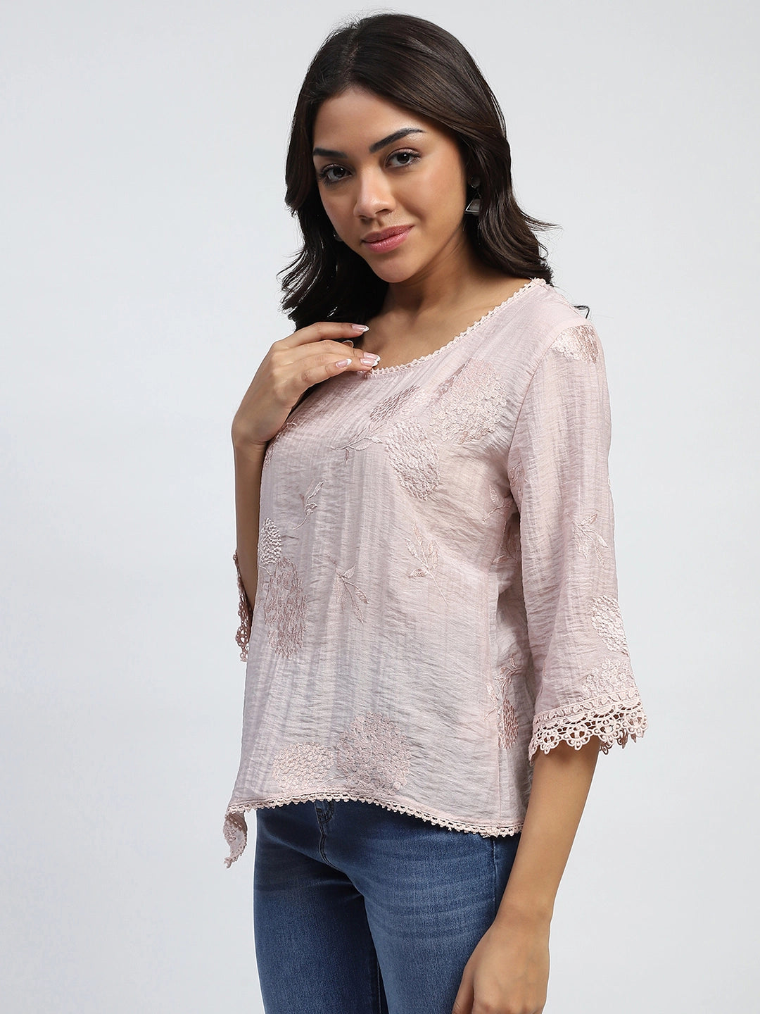 Pink Embroidered Poly Linen Top
