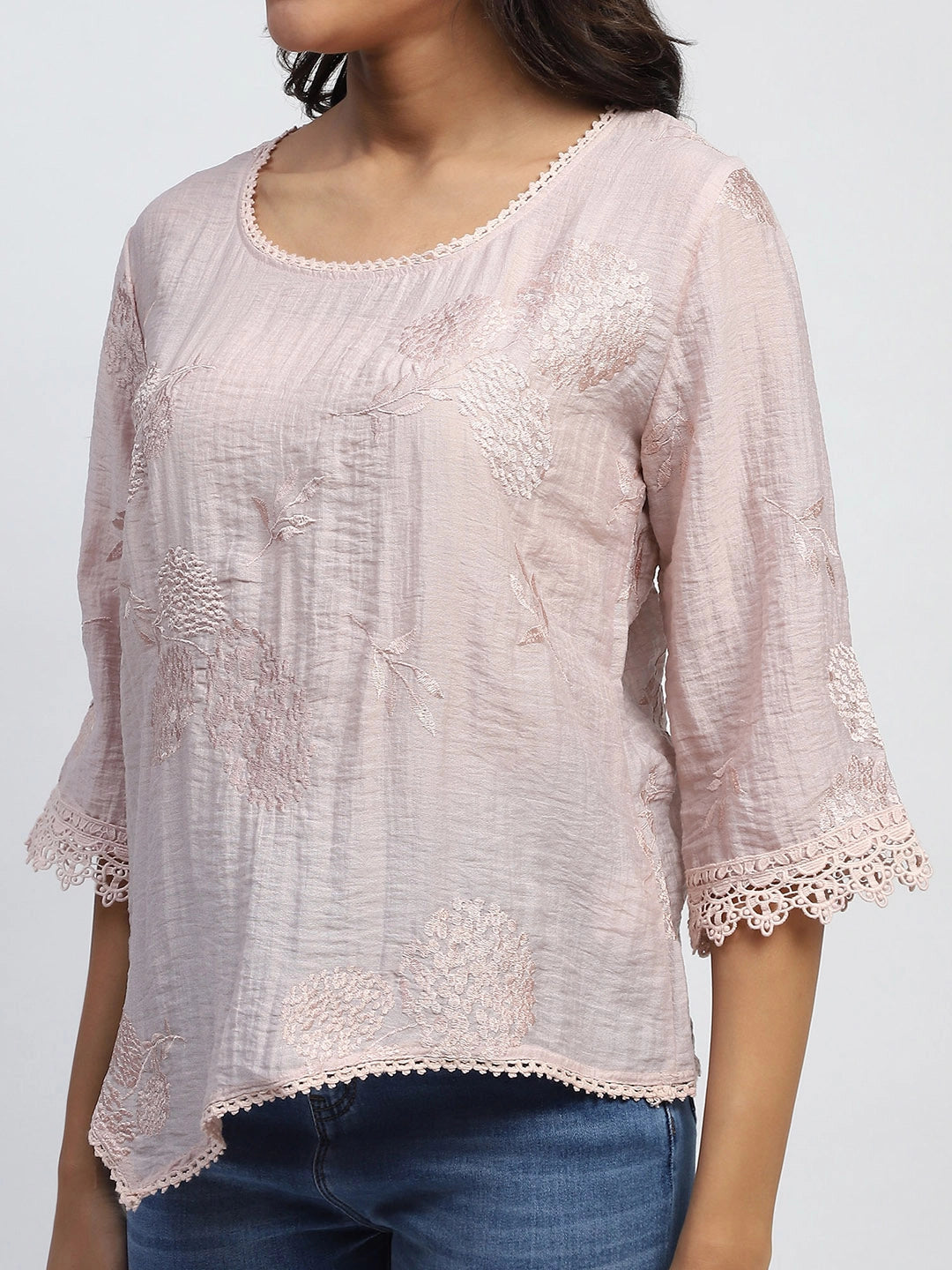Pink Embroidered Poly Linen Top