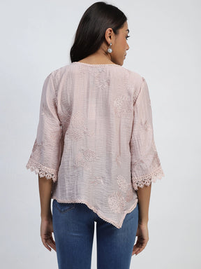 Pink Embroidered Poly Linen Top