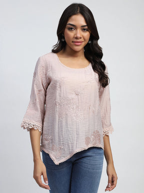 Pink Embroidered Poly Linen Top