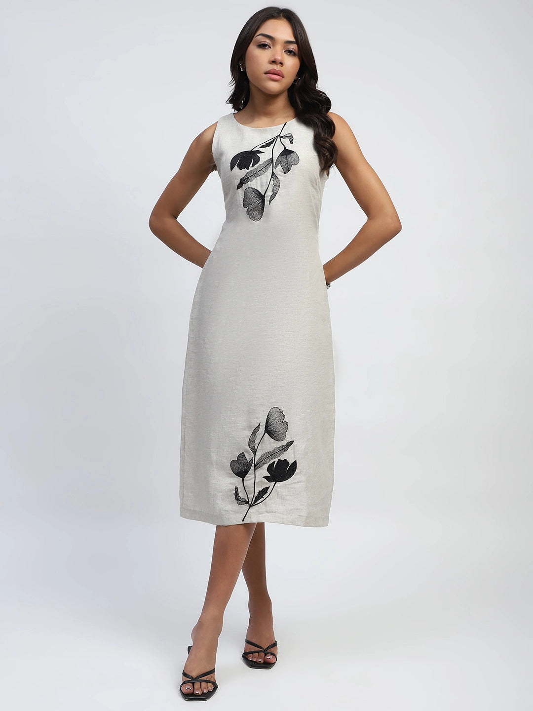 Natural Floral Embroidery Linen Dress - Global Republic