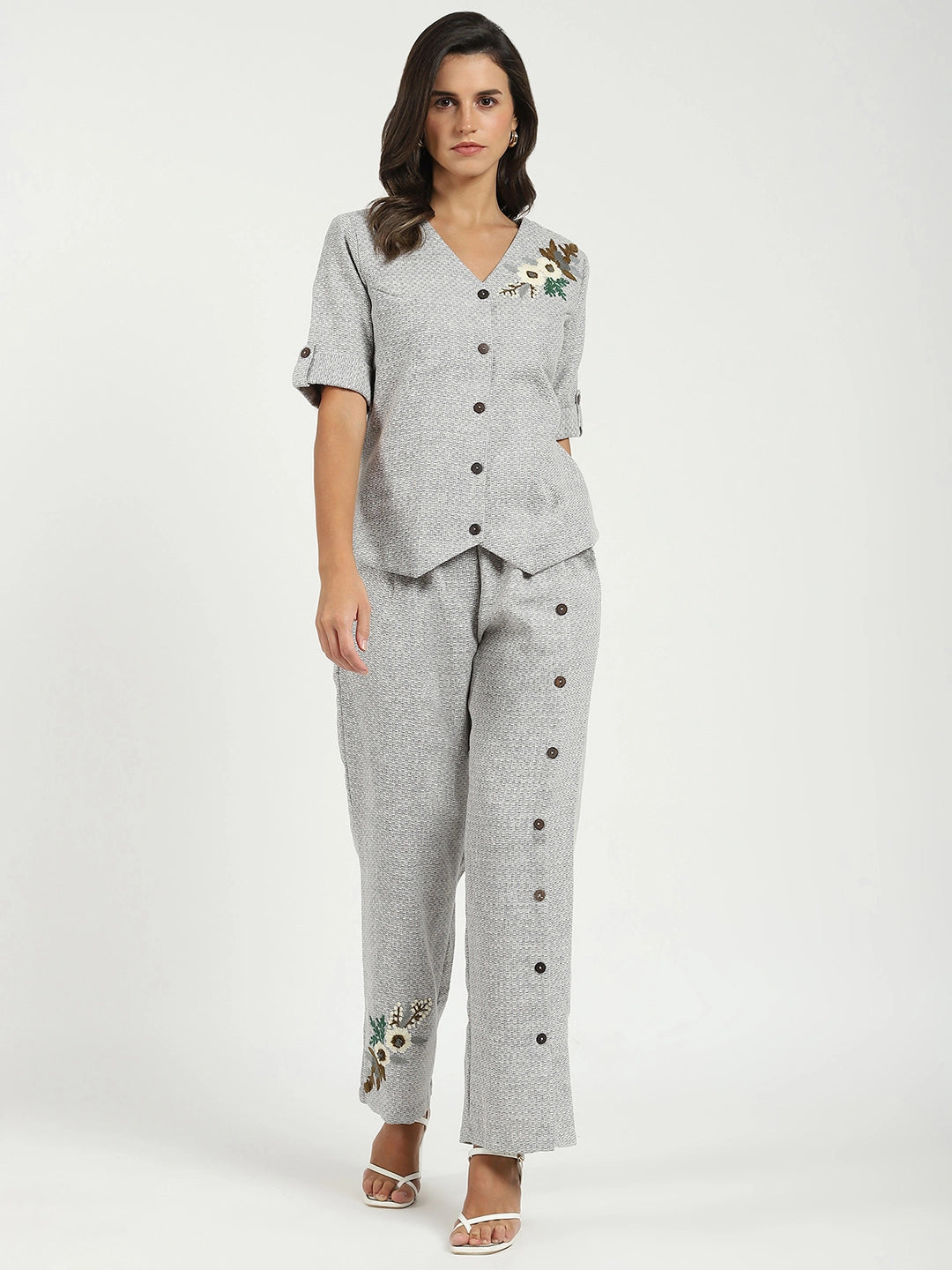Grey Textured Embroidered Co-ord Set