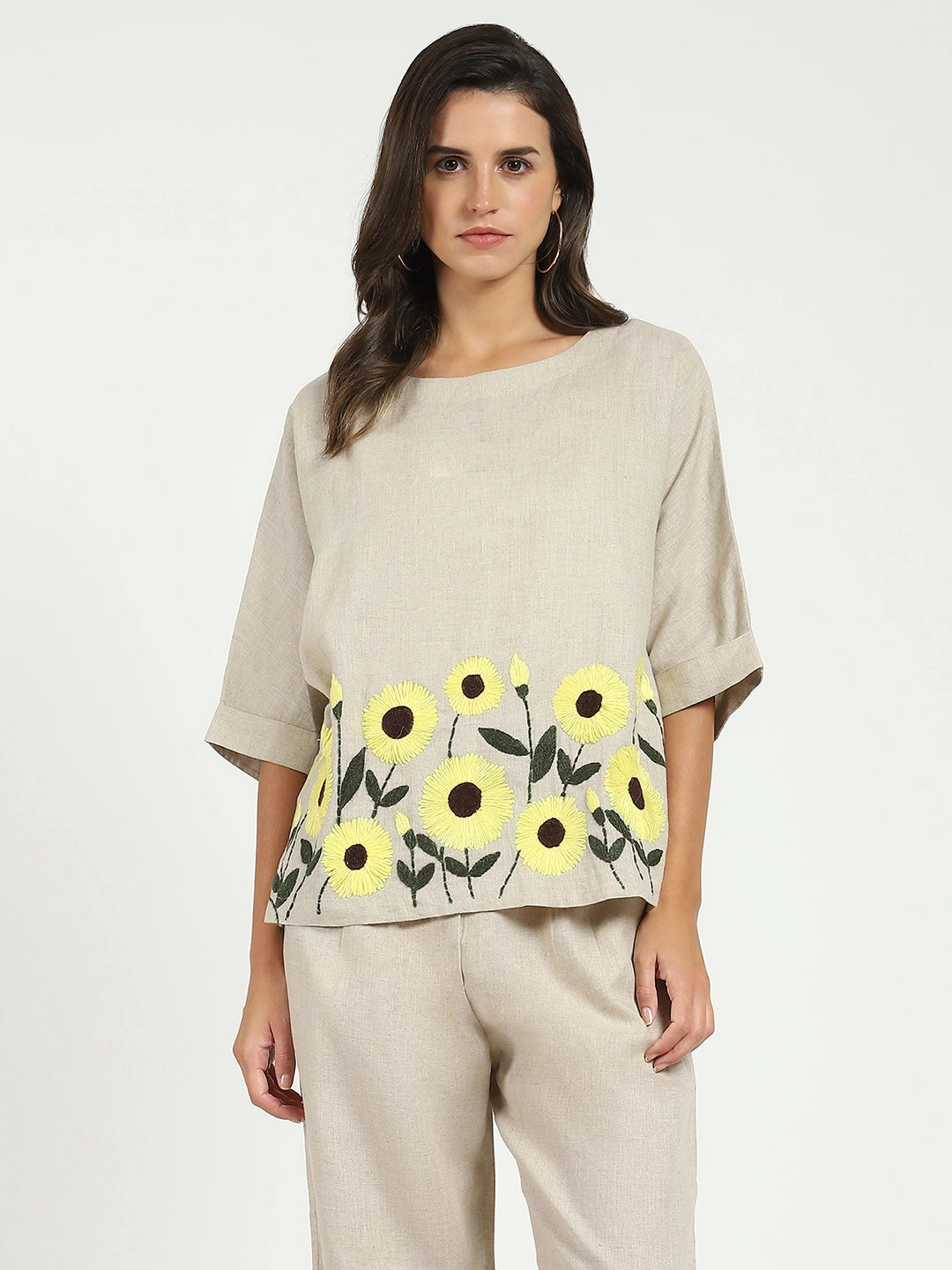 Floral Embroidered Linen Loose Top