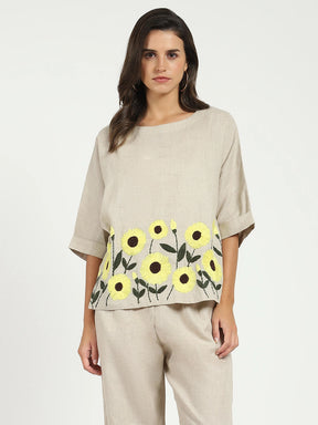 Floral Embroidered Linen Loose Top