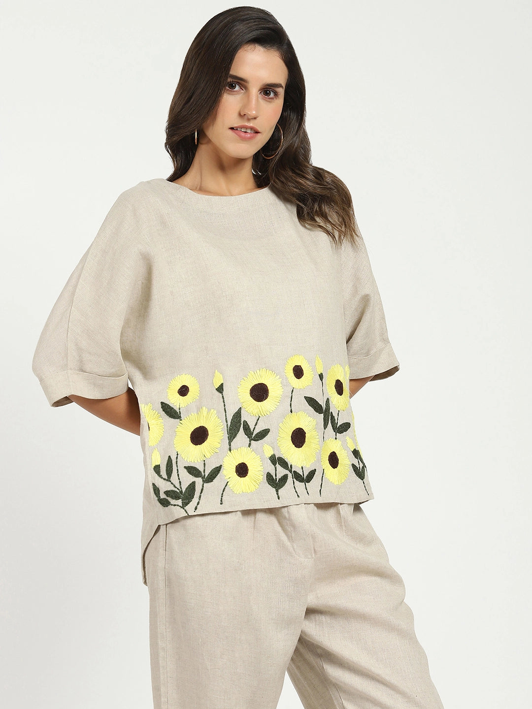 Floral Embroidered Linen Loose Top