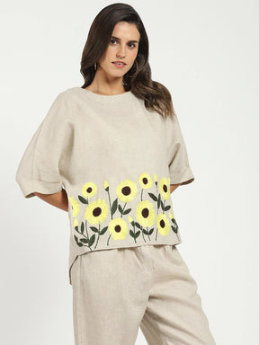 Floral Embroidered Linen Loose Top
