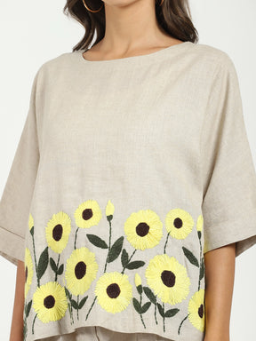 Floral Embroidered Linen Loose Top